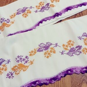 Vintage Pillowcases Embroidered Purple and Gold Crochet Edge Handmade Never Used